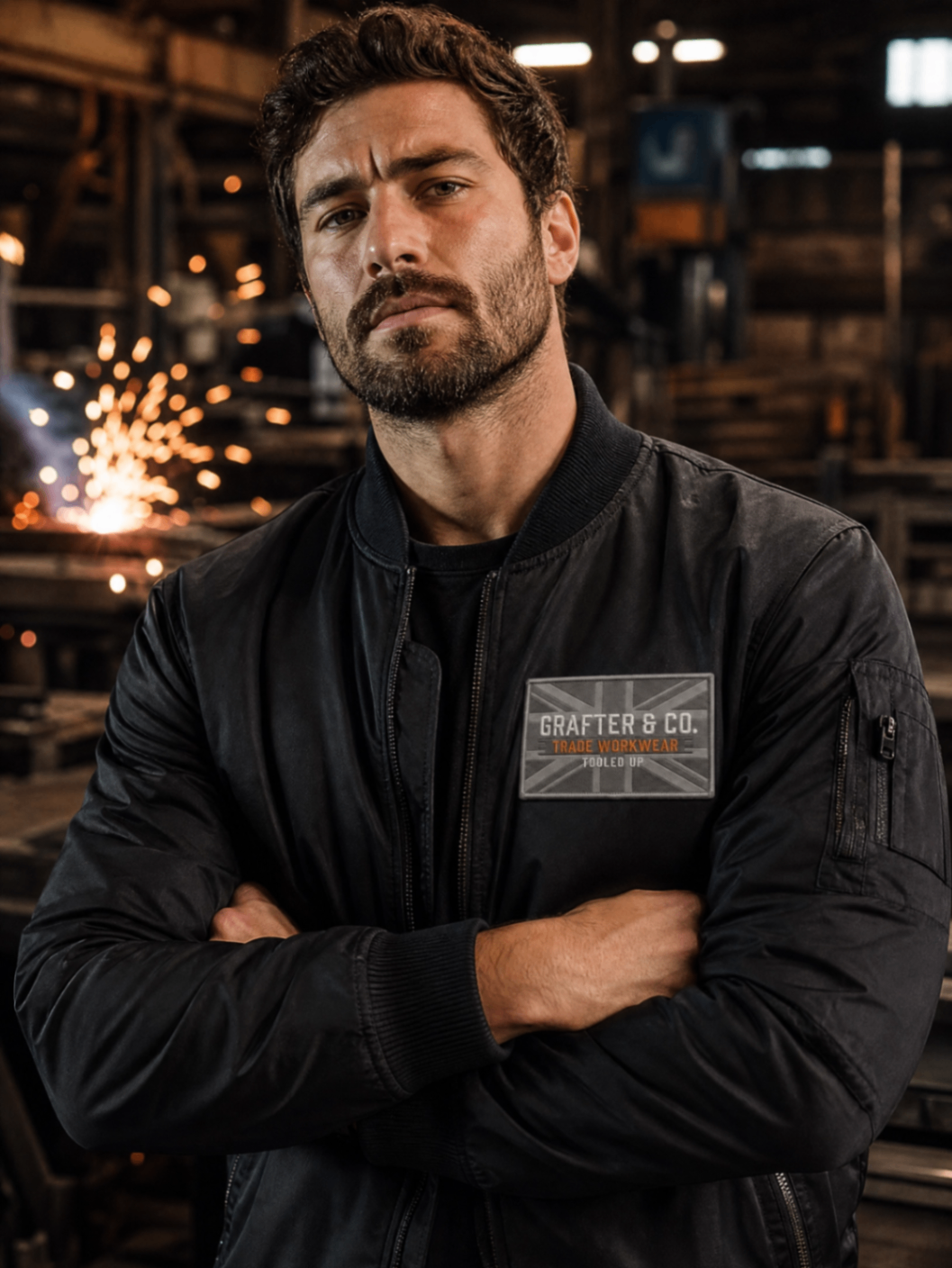 Welder in a black Grafter & Co. bomber jacket with union jack chest patch, sparks flying in a workshop