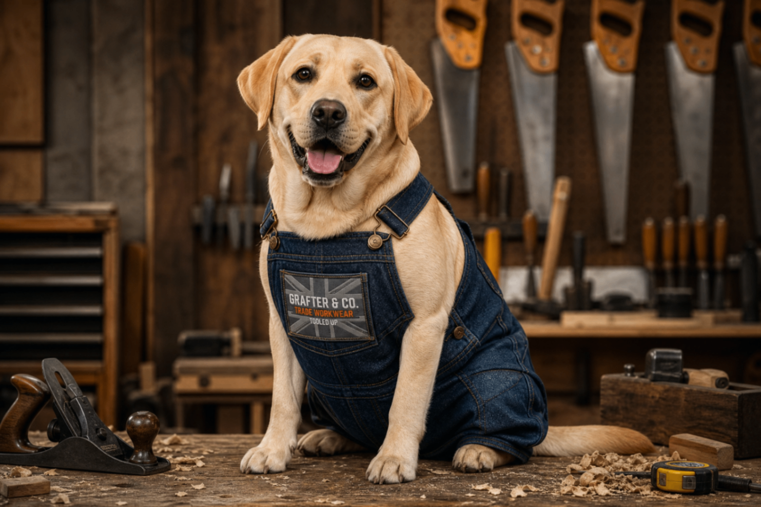 Labrador wearing Grafter & Co. denim overalls in a carpentry workshop with hand saws and a plane