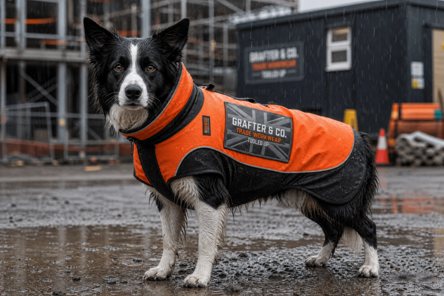 Border collie in an orange Grafter & Co. rain jacket stood in the wet outside a branded site cabin