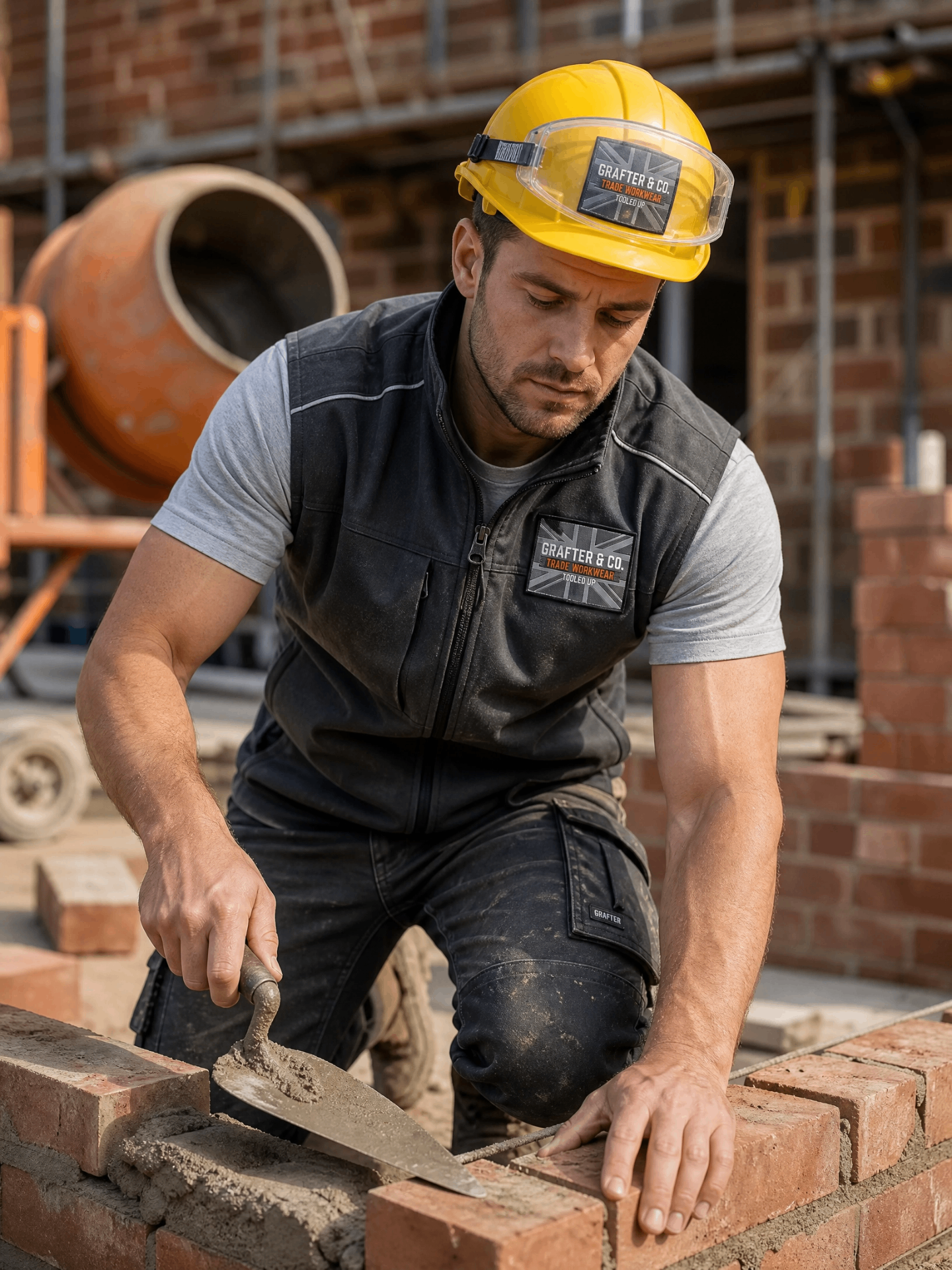 Bricklayer in a Grafter & Co. site vest and yellow hard hat laying bricks on a build site