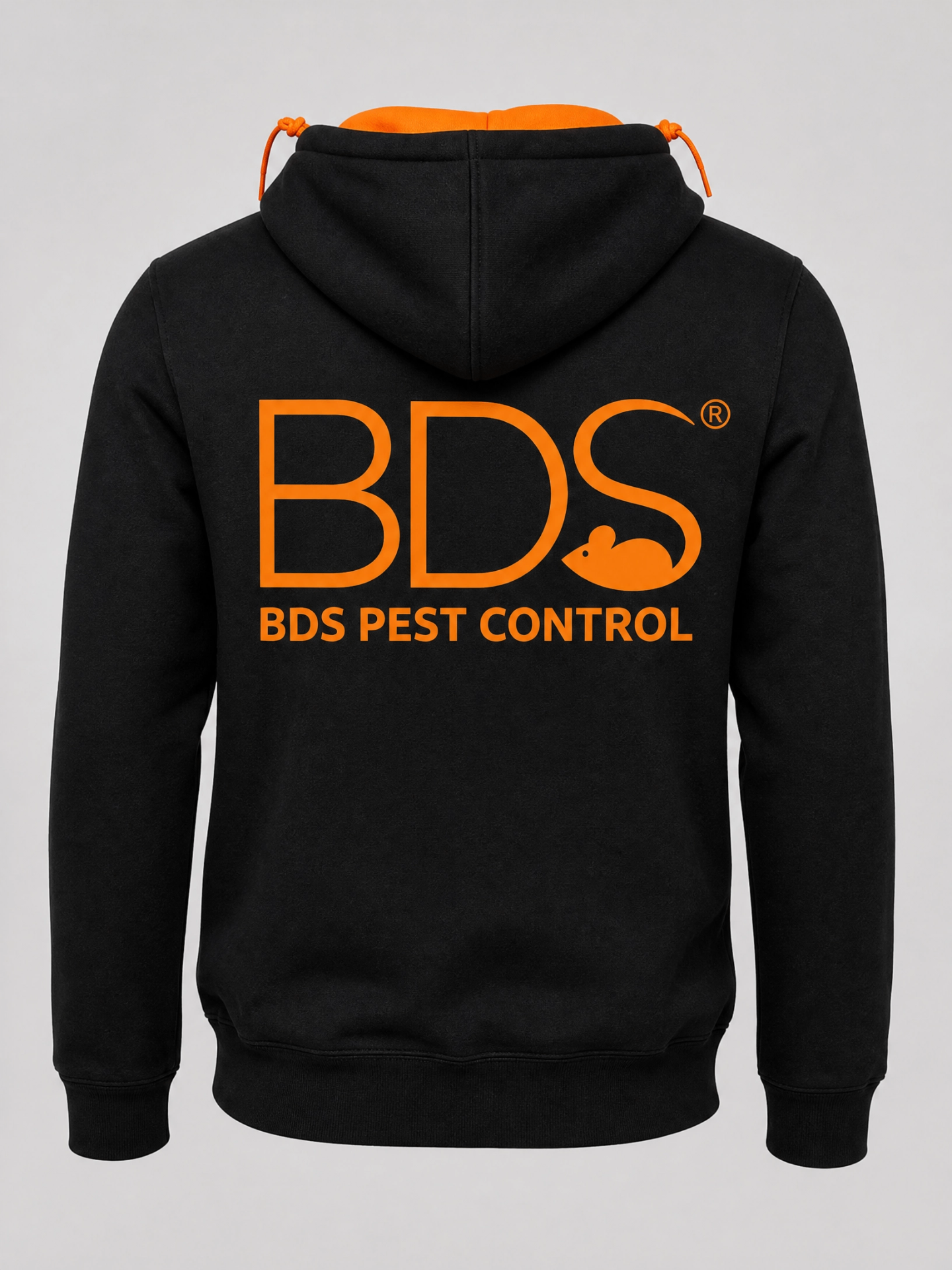 Black BDS Pest Control hoodie with orange lined hood and large orange BDS back print on a plain background