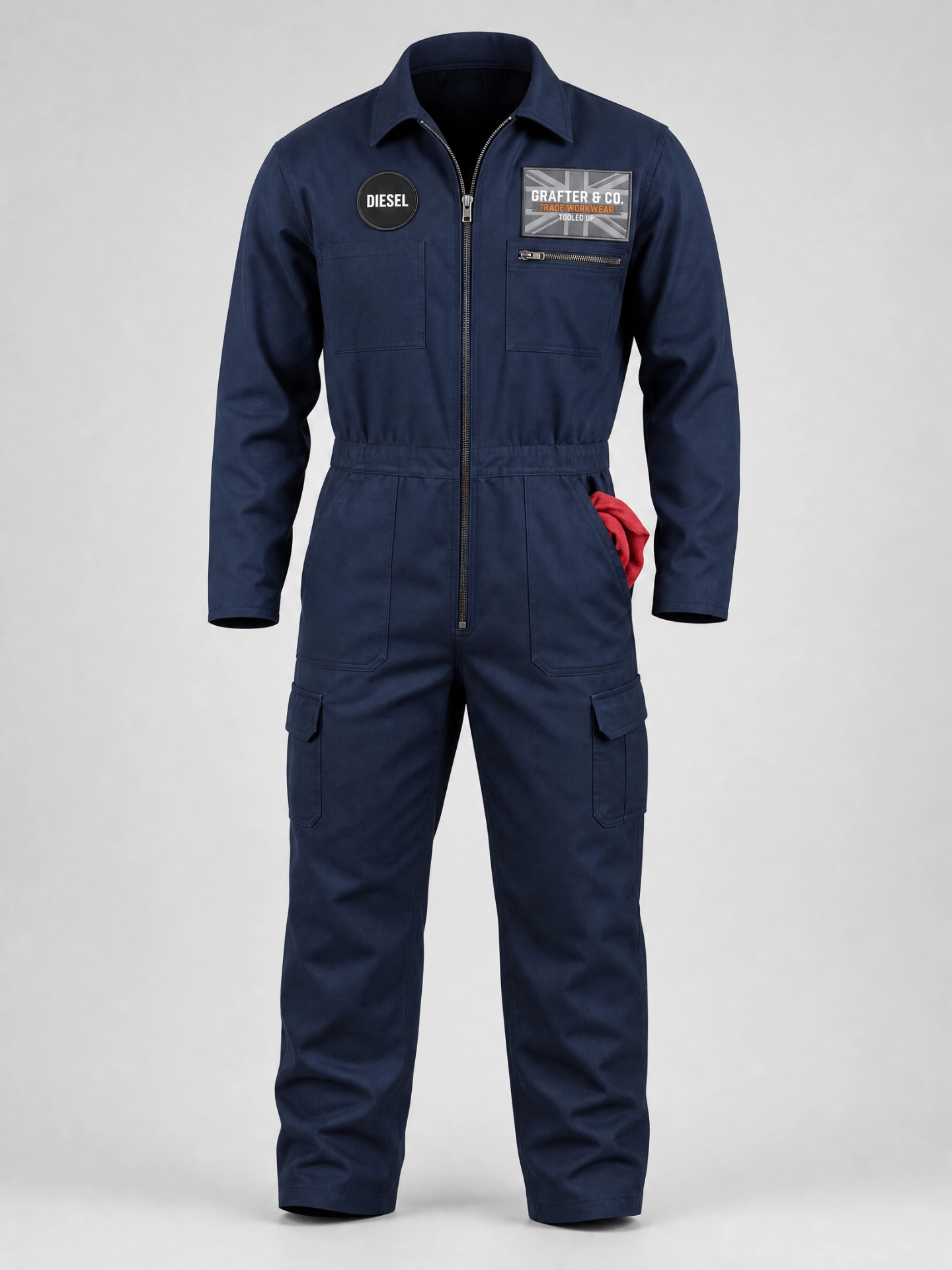 Grafter & Co. navy mechanic coveralls with chest patches and utility pockets on a plain background