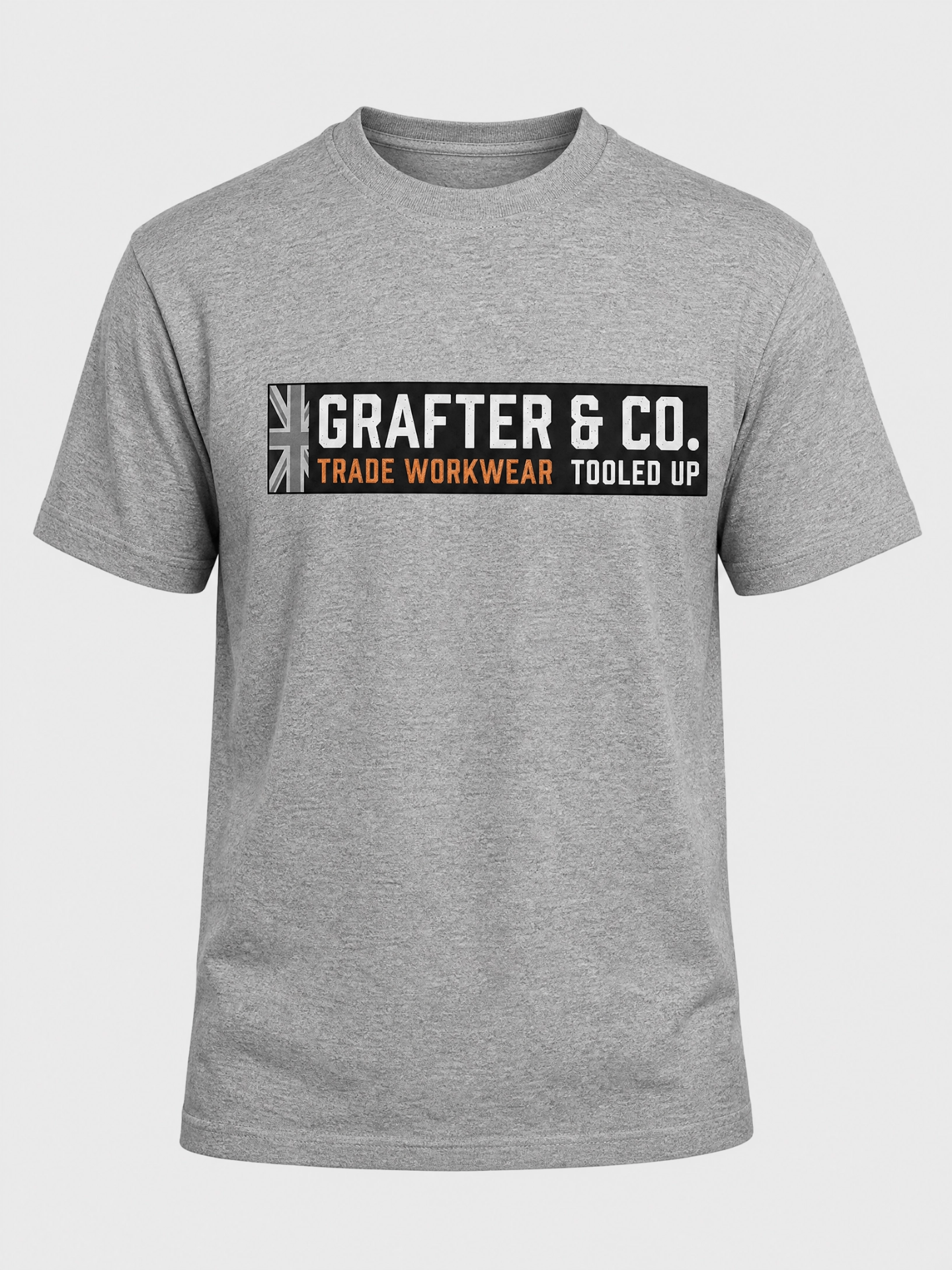 Grey marl tee with a black Grafter & Co. Trade Workwear banner chest print in white and orange