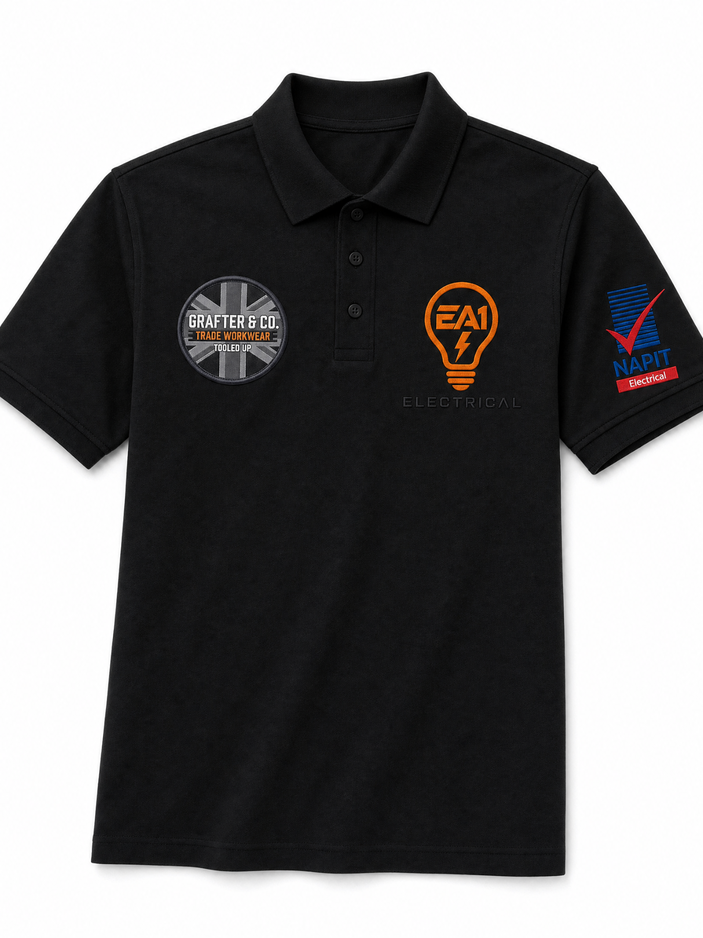 Black polo with Grafter & Co. union jack patch, EA1 Electrical chest logo and NAPIT sleeve badge