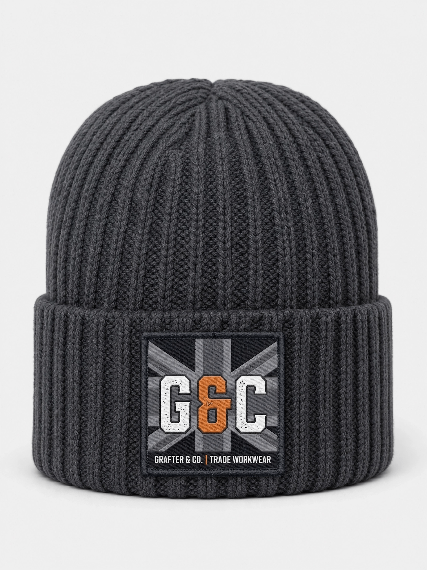 Charcoal ribbed Grafter & Co. beanie with G&C union jack monogram cuff patch