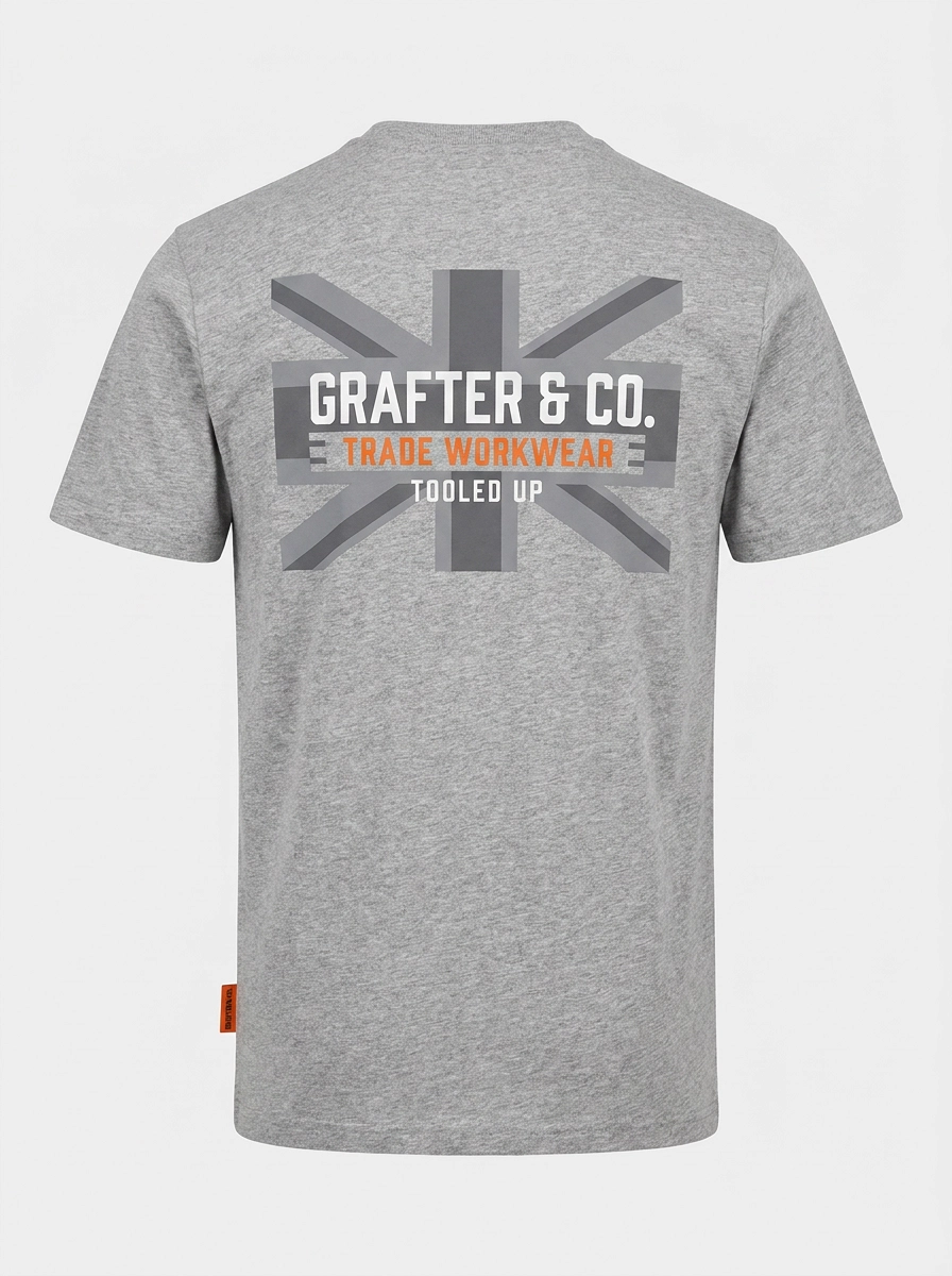 Grey marl Grafter & Co. tee with large union jack back print in white, orange and grey