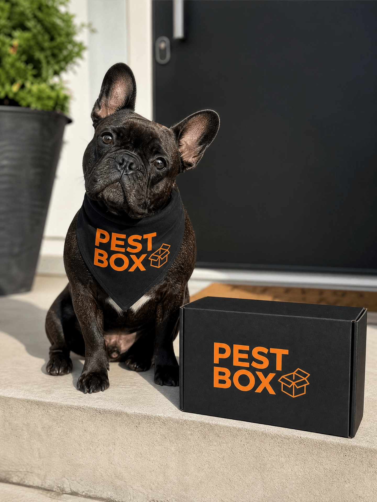 French bulldog in a BDS Pest Box branded bandana beside a black Pest Box mailer on a doorstep
