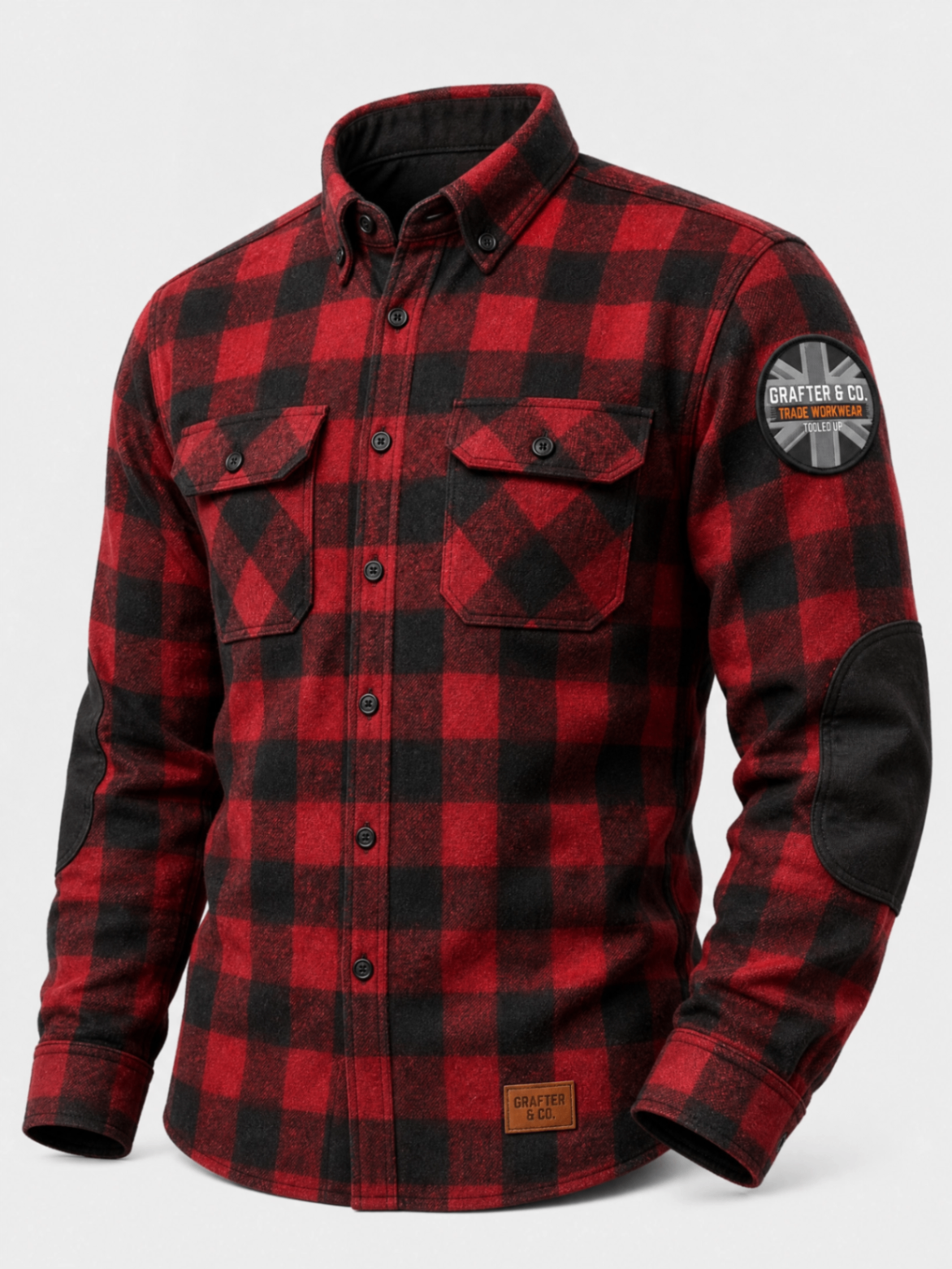 Grafter & Co. red and black buffalo check flannel shirt with elbow patches and union jack sleeve badge
