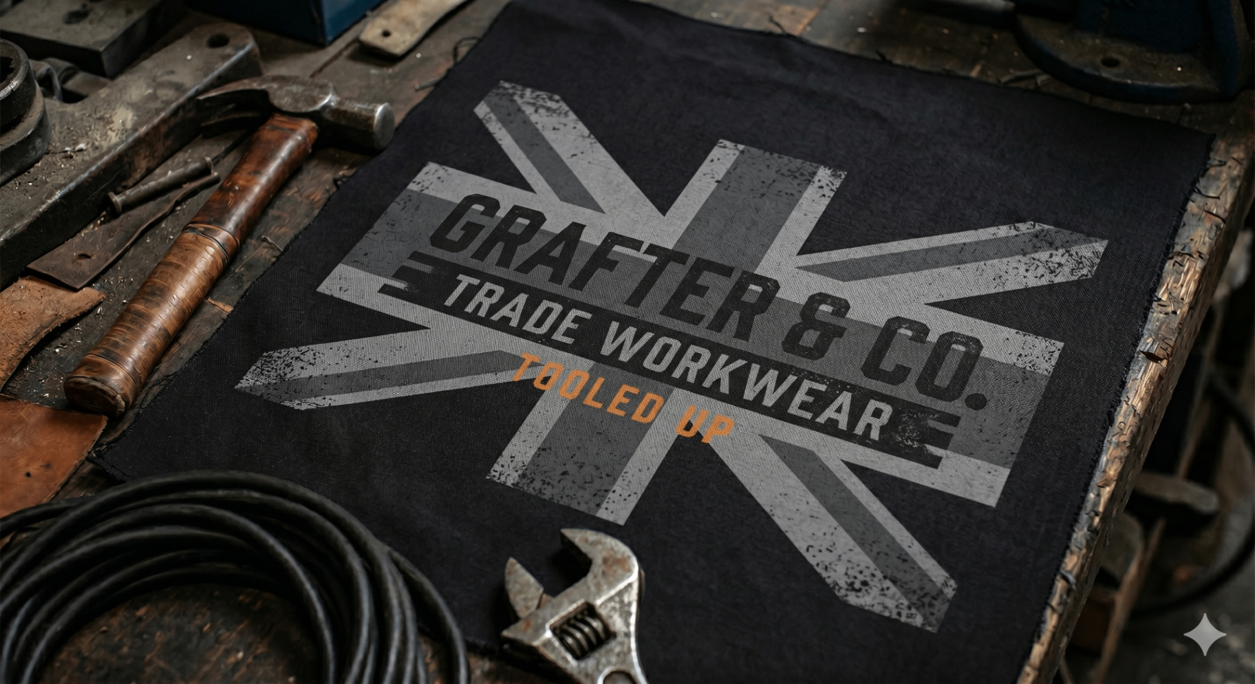 Grafter & Co. Trade Workwear Union Jack banner laid across a workbench with hammer, spanner and cabling
