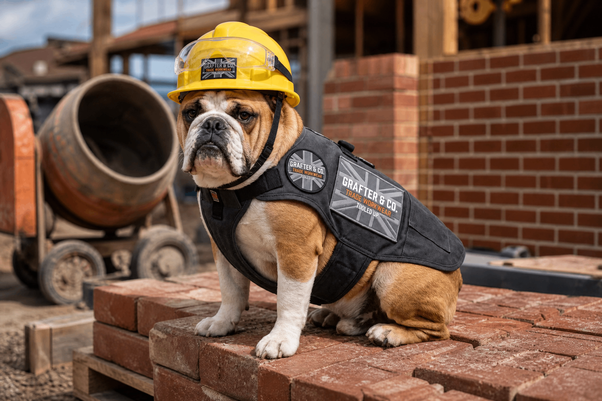 English bulldog on a brick pallet in a yellow hard hat and Grafter & Co. site vest