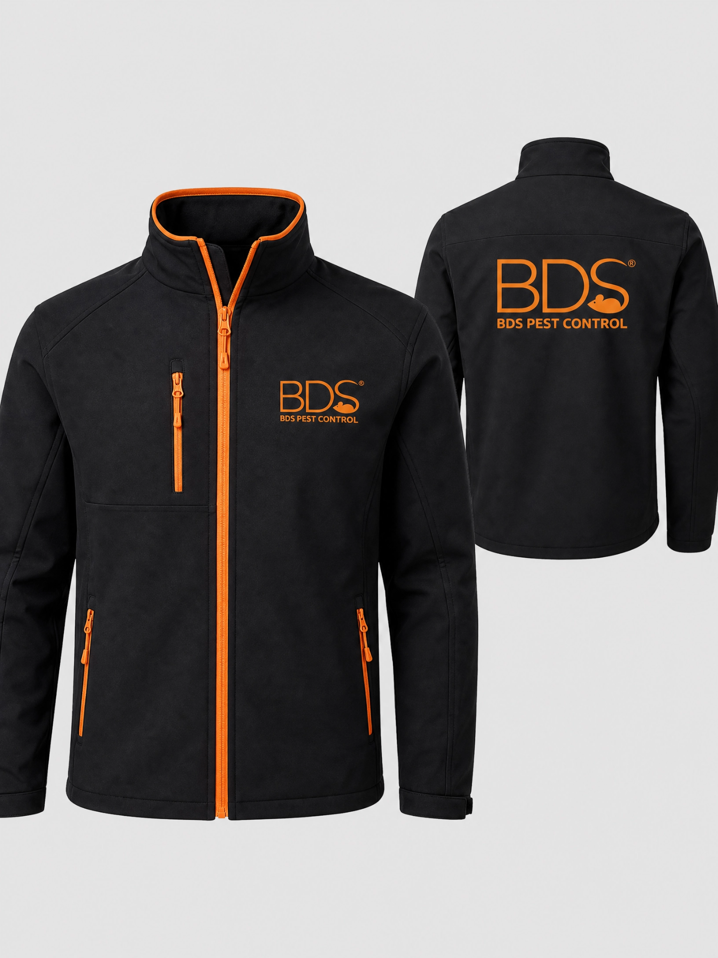 Black BDS Pest Control softshell jacket with orange zips, front and back shown on a plain background