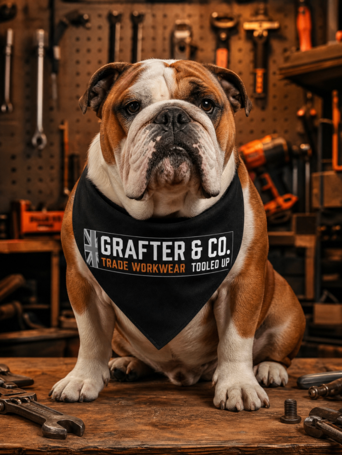 English bulldog in a Grafter & Co. bandana sat on a workbench in front of a pegboard of tools