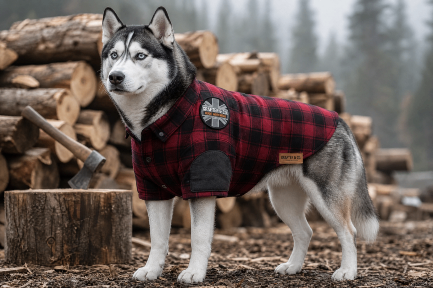 Husky in a red plaid flannel shirt with Grafter & Co. patch stood by stacked logs and an axe