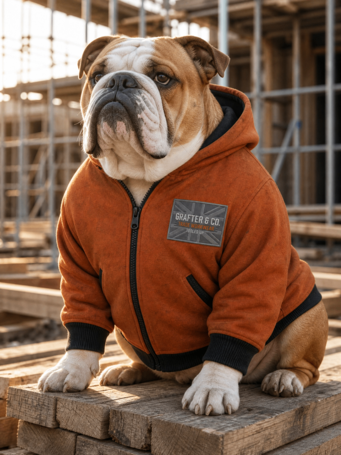 English bulldog in an orange Grafter & Co. zip hoodie on site