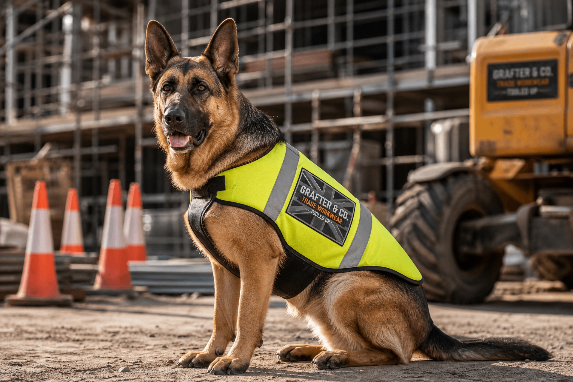German Shepherd in a Grafter & Co. hi-vis vest