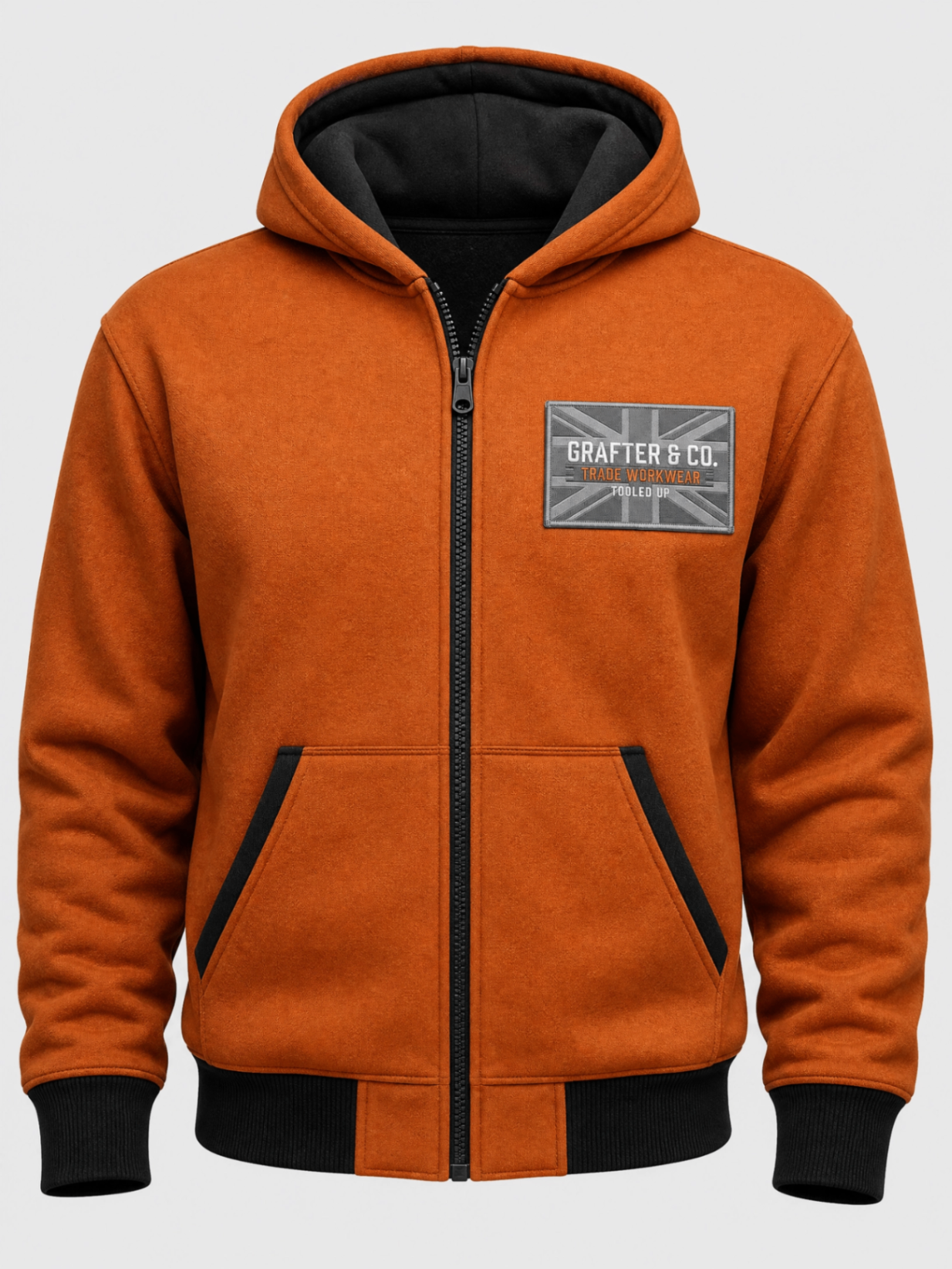 Orange Grafter & Co. zip hoodie with black lining, black zip and chest patch on a plain background