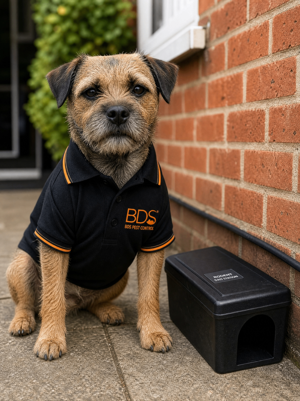 Border terrier in a black BDS Pest Control polo sat by a rodent bait station outside a brick house