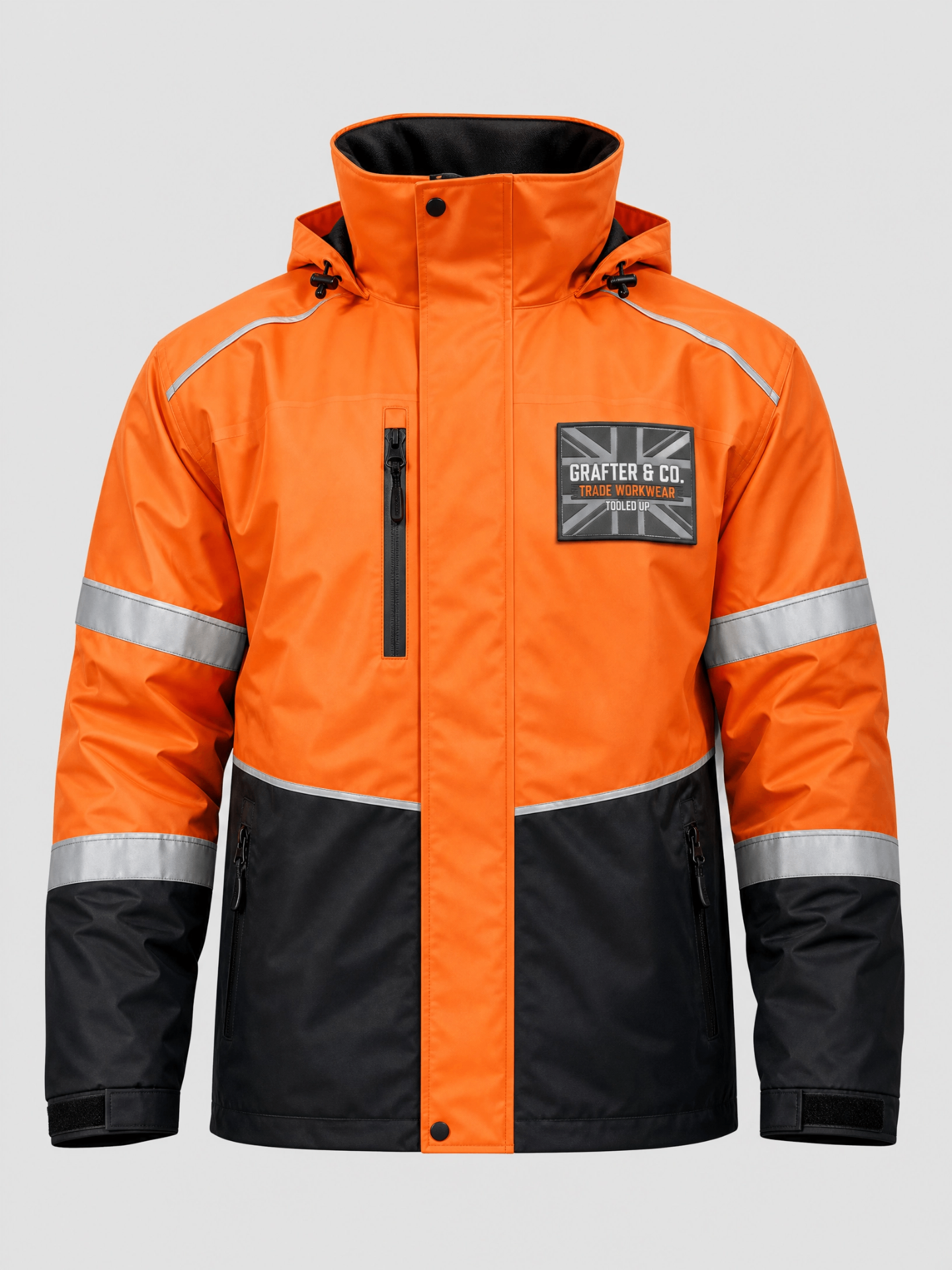 Grafter & Co. orange and black hi-vis rain jacket with reflective bands on a plain background