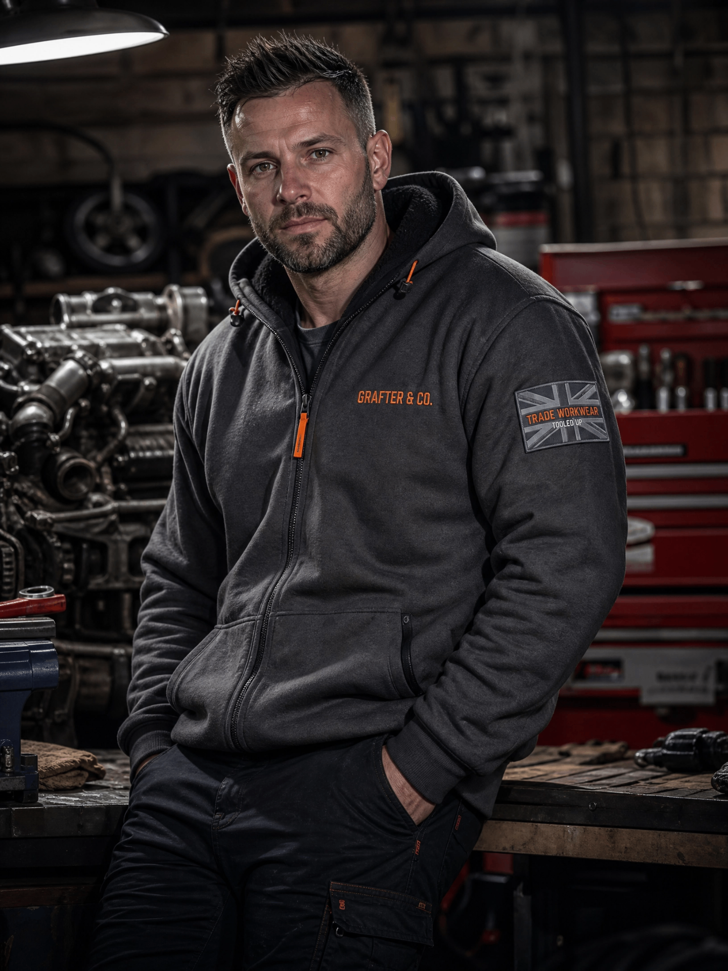 Mechanic in a Grafter & Co. thermal hoodie with orange zip stood in a workshop beside an engine