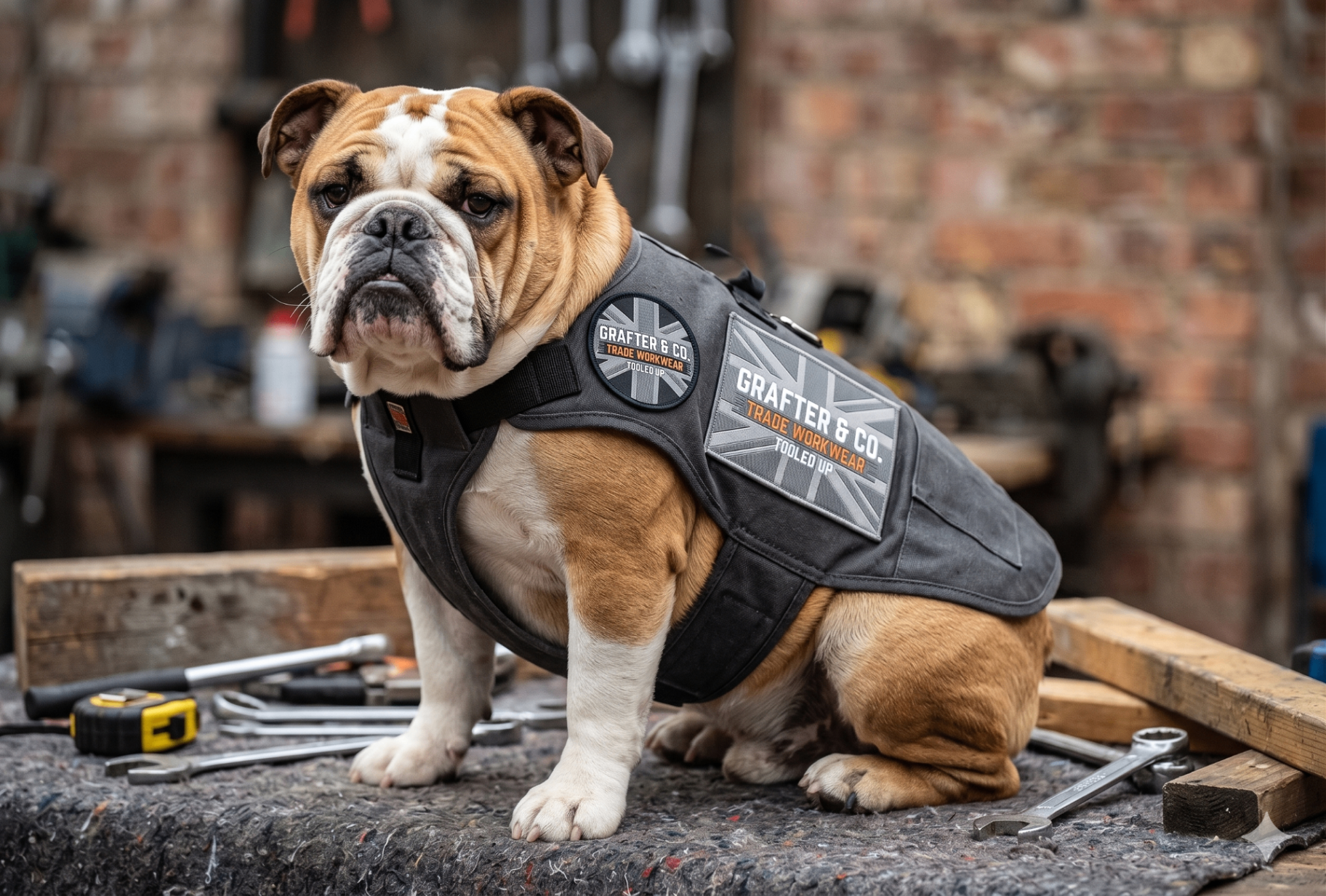British bulldog in a Grafter & Co. trade workwear vest on a workbench surrounded by spanners and tools