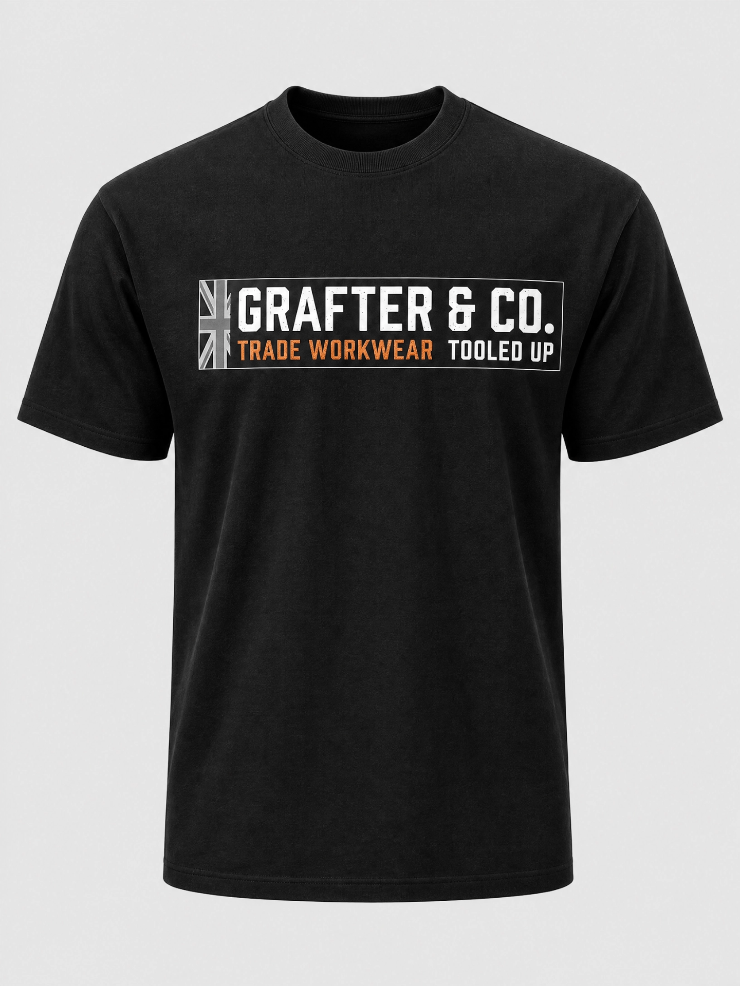 Black Grafter & Co. tee with rectangular banner chest print in white and orange on a plain background