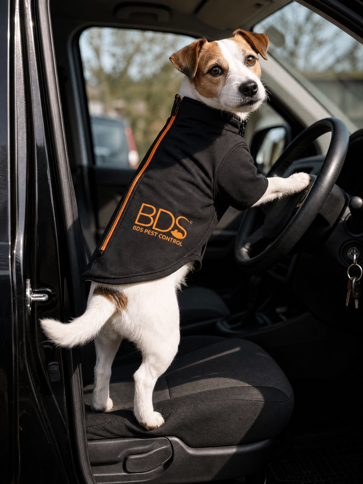 Jack Russell in a branded BDS Pest Control softshell jacket sat in the driver's seat of a black van