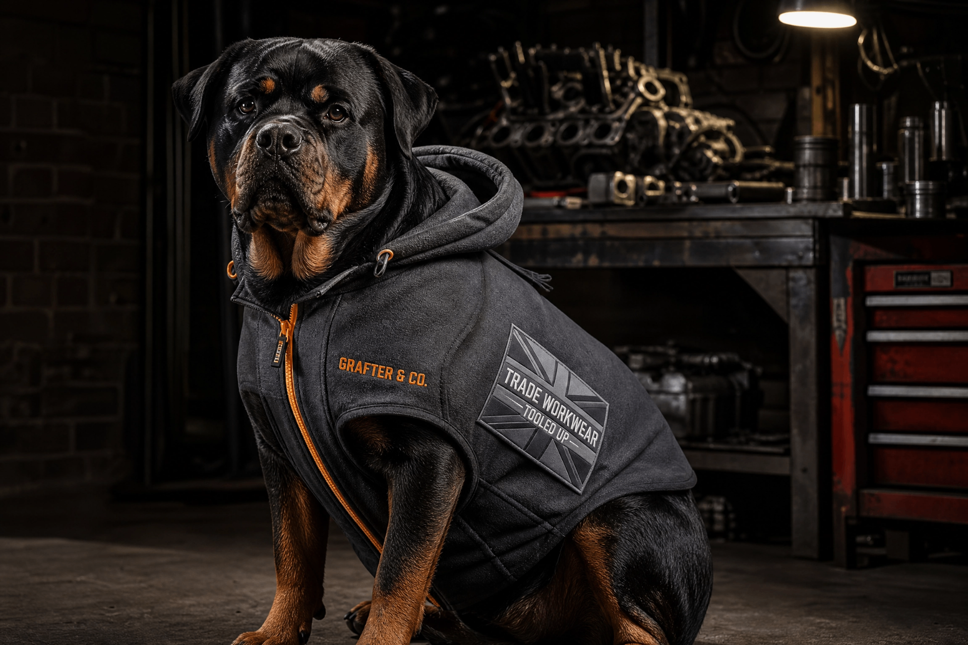 Rottweiler in a Grafter & Co. thermal hoodie with orange zip in a dimly lit mechanic's workshop