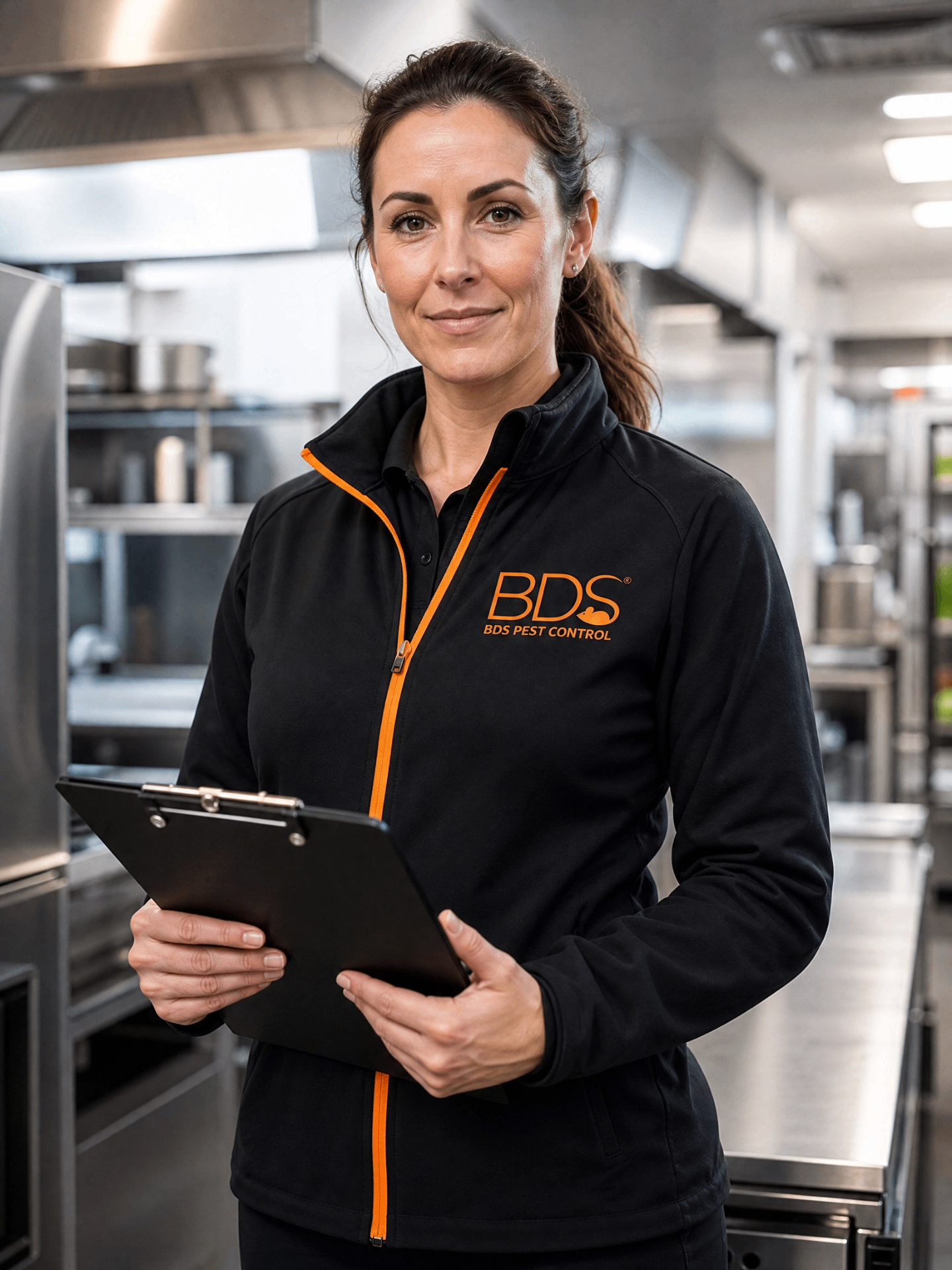 Female BDS Pest Control inspector in a branded softshell jacket holding a clipboard in a commercial kitchen