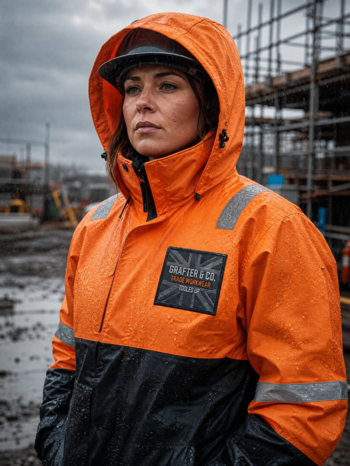 Tradeswoman in an orange Grafter & Co. hi-vis rain jacket on a wet construction site