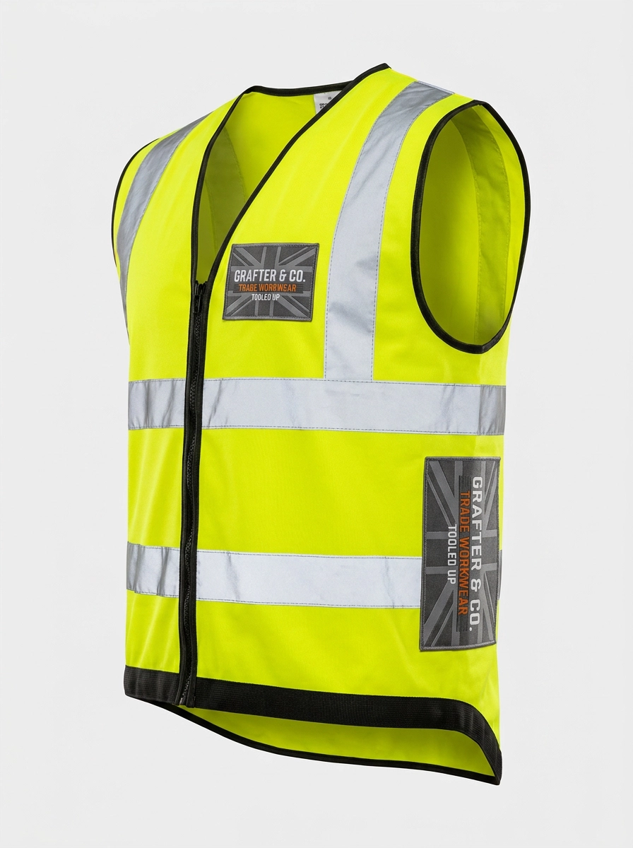 Grafter & Co. yellow hi-vis vest with reflective stripes and union jack patches on a plain background