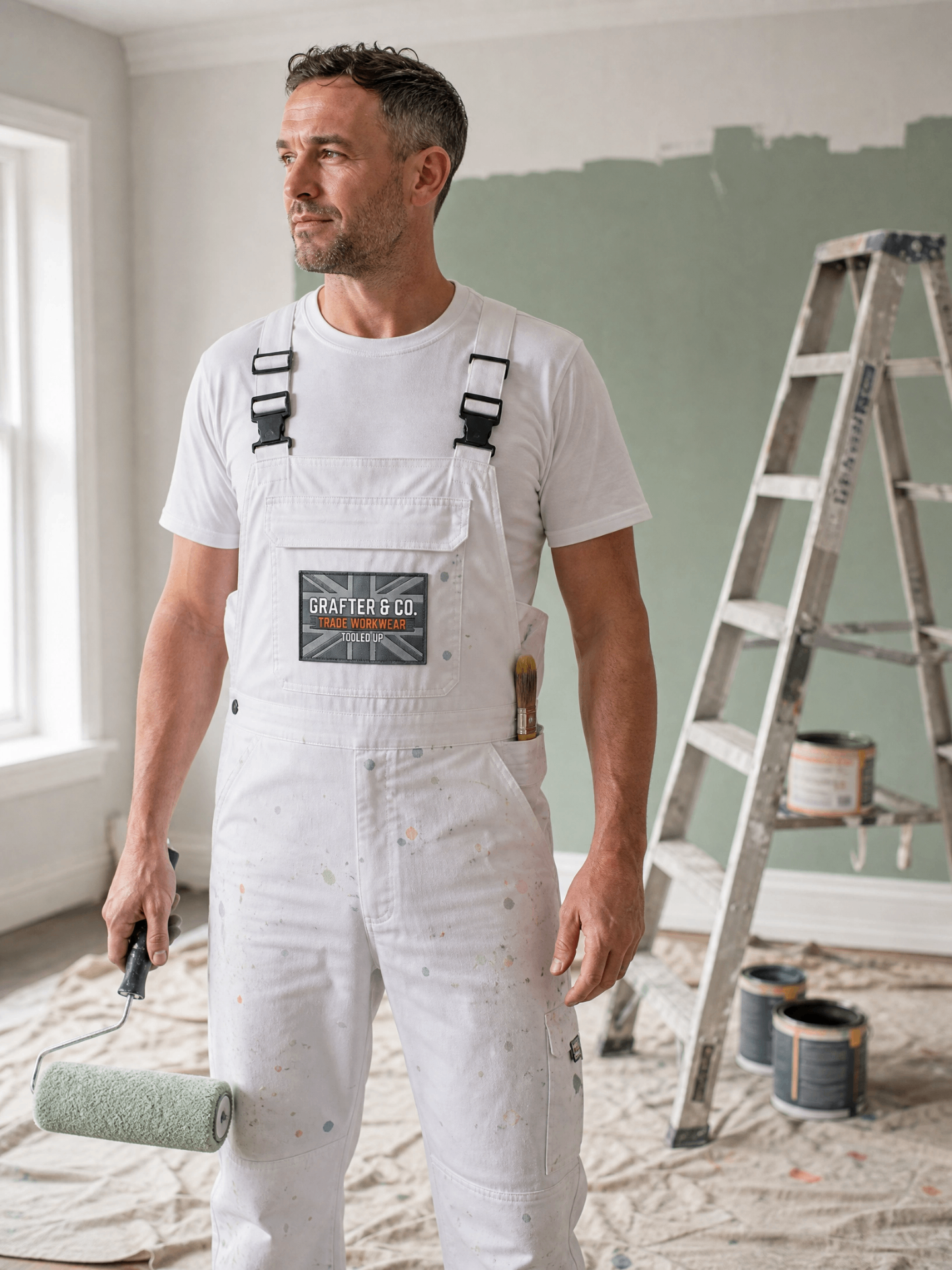Decorator in white Grafter & Co. painter's overalls holding a roller in a half-painted room