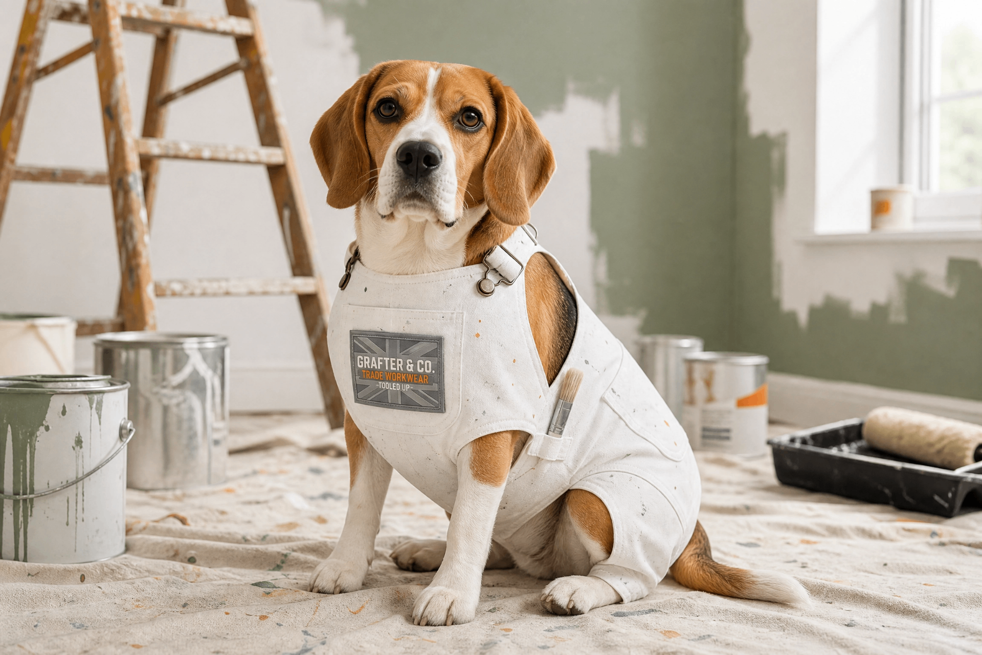 Beagle in white Grafter & Co. painter's overalls with a brush in the pocket on a mid-decorate room