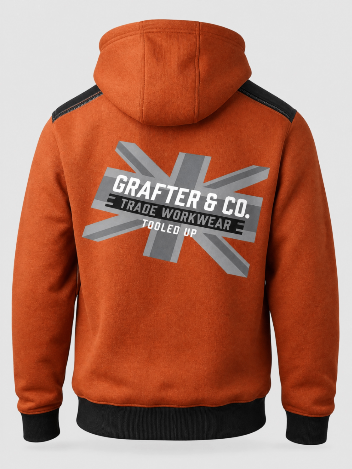 Orange Grafter & Co. hoodie with a large union jack back print on a plain background