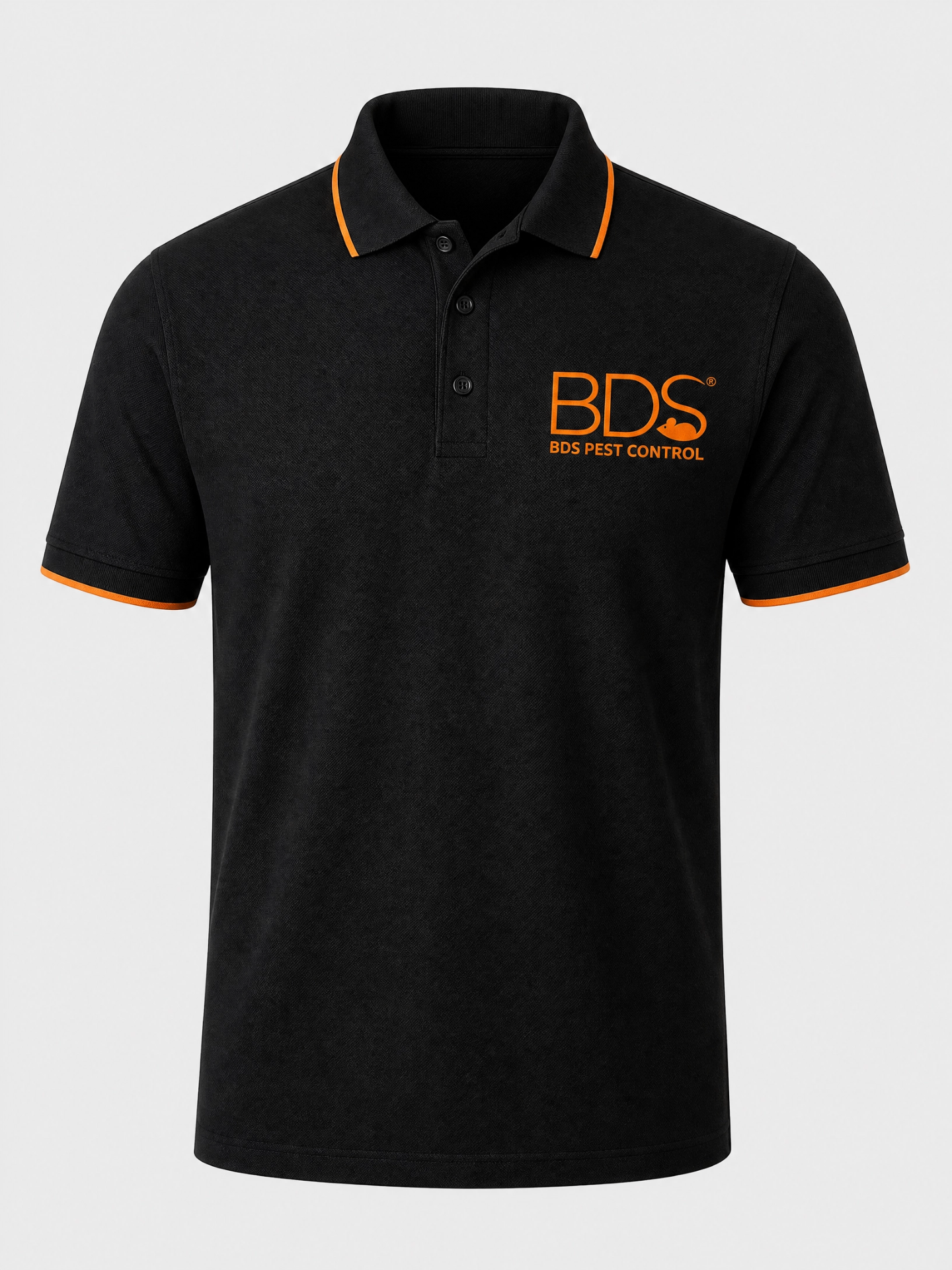 Black BDS Pest Control polo with orange tipping and chest logo on a plain background
