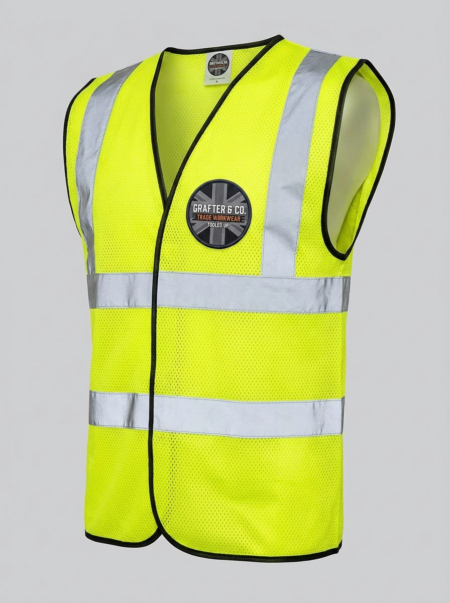 Grafter & Co. yellow hi-vis mesh vest with a round union jack chest patch on a plain background
