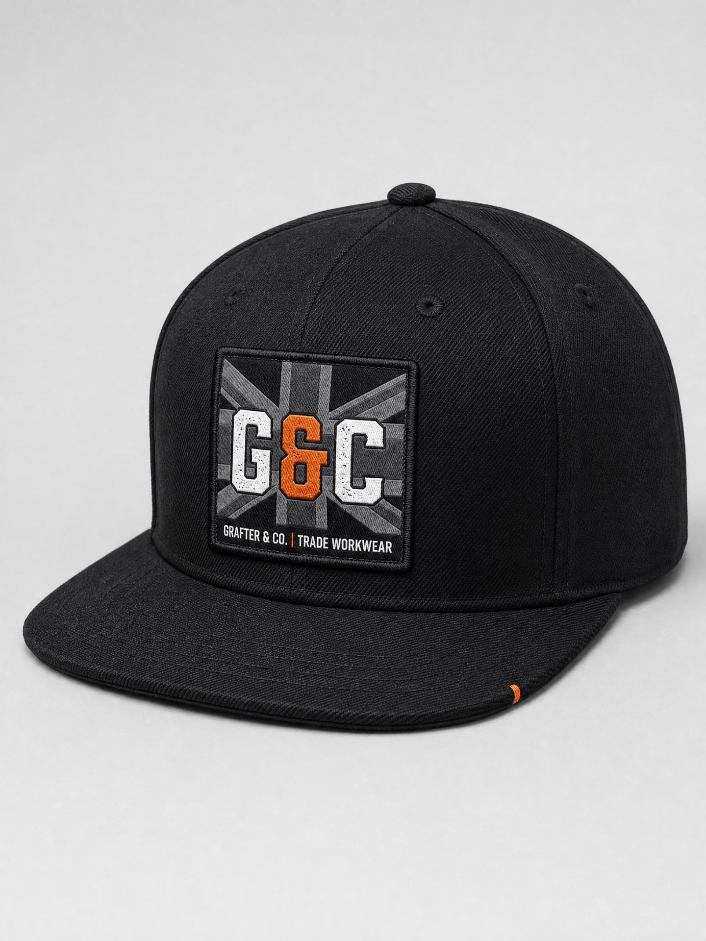 Black Grafter & Co. flat-brim snapback cap with G&C union jack front patch