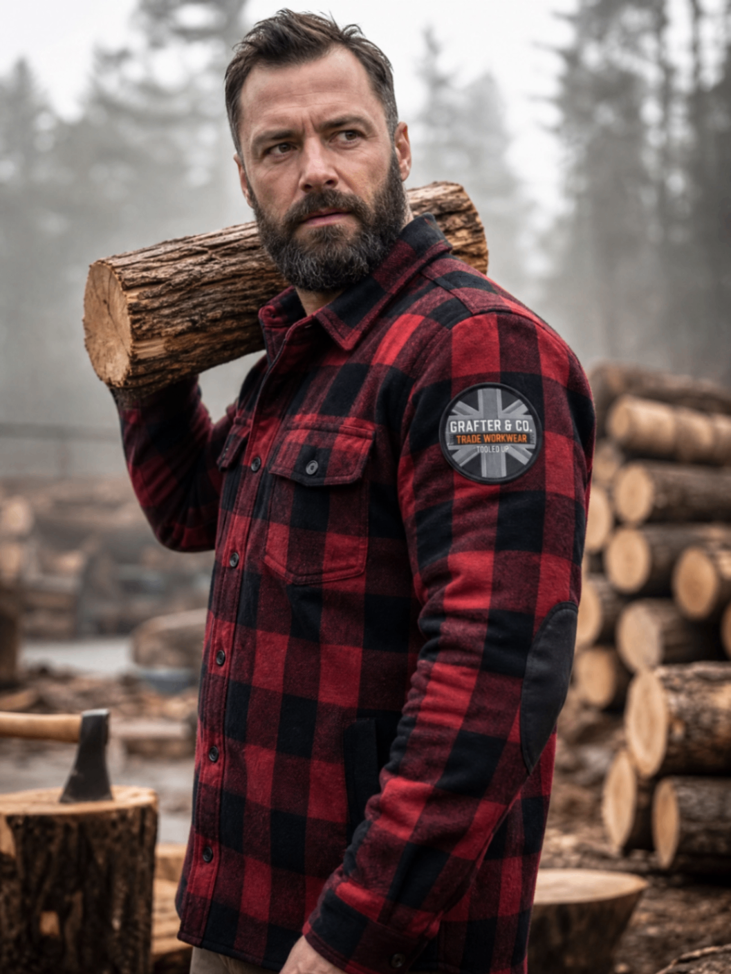 Tradesman in a red and black Grafter & Co. flannel shirt carrying a log in a forestry yard