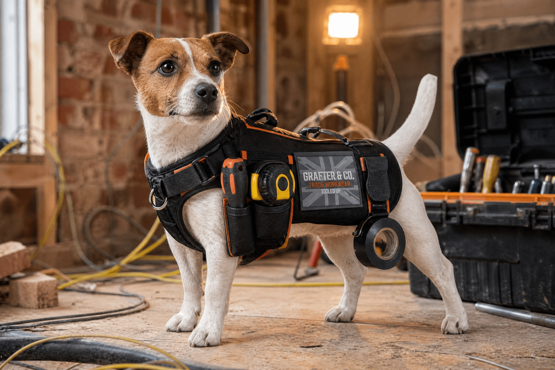 Jack Russell in a Grafter & Co. tool harness loaded with screwdriver, tape measure and insulation tape on a first-fix site