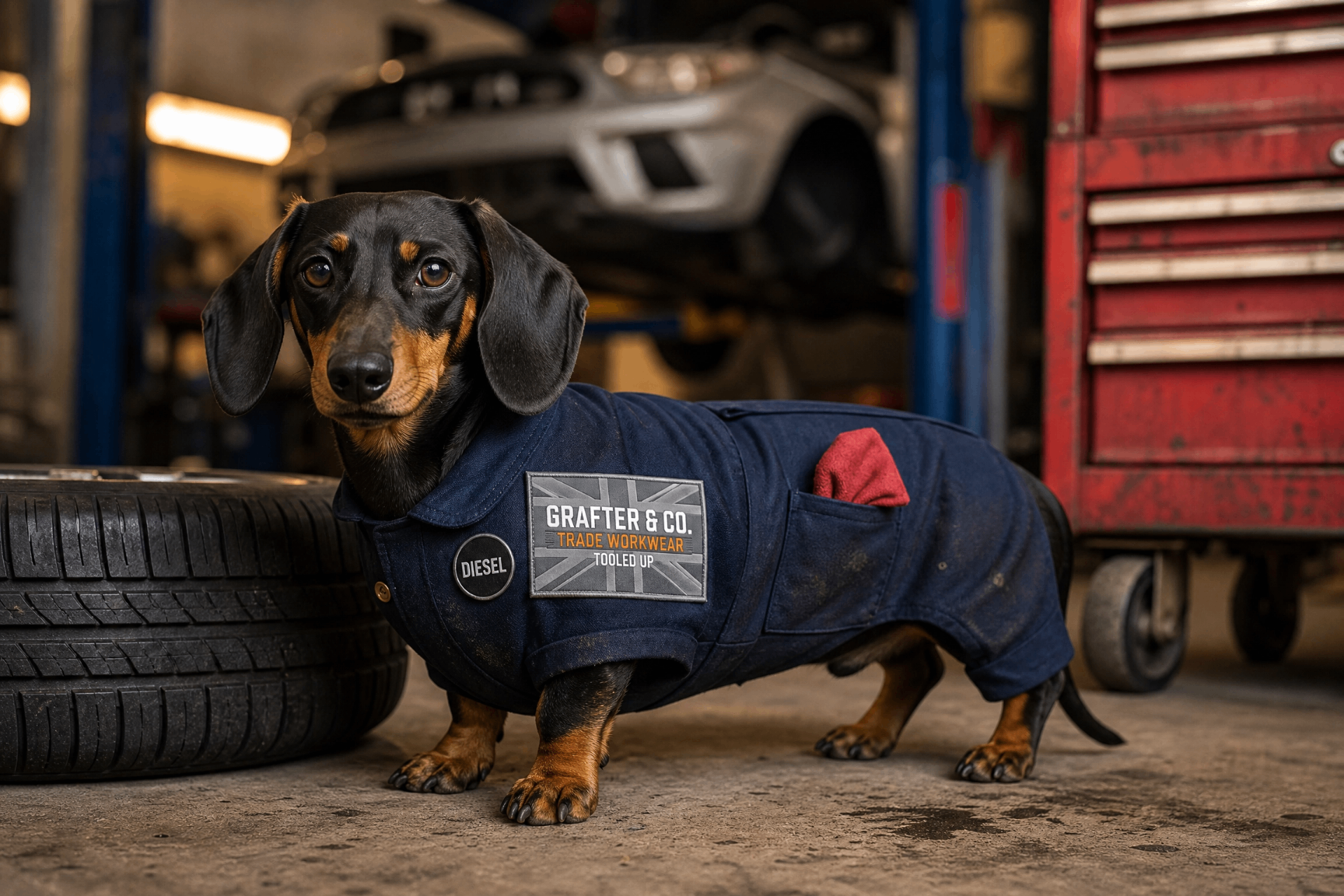 Dachshund in navy Grafter & Co. mechanic coveralls standing in a garage beside tyres and a red tool chest