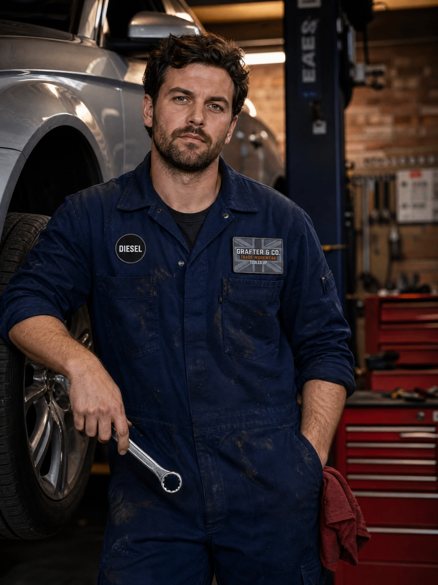 Mechanic in navy Grafter & Co. coveralls holding a spanner beside a car on a workshop lift