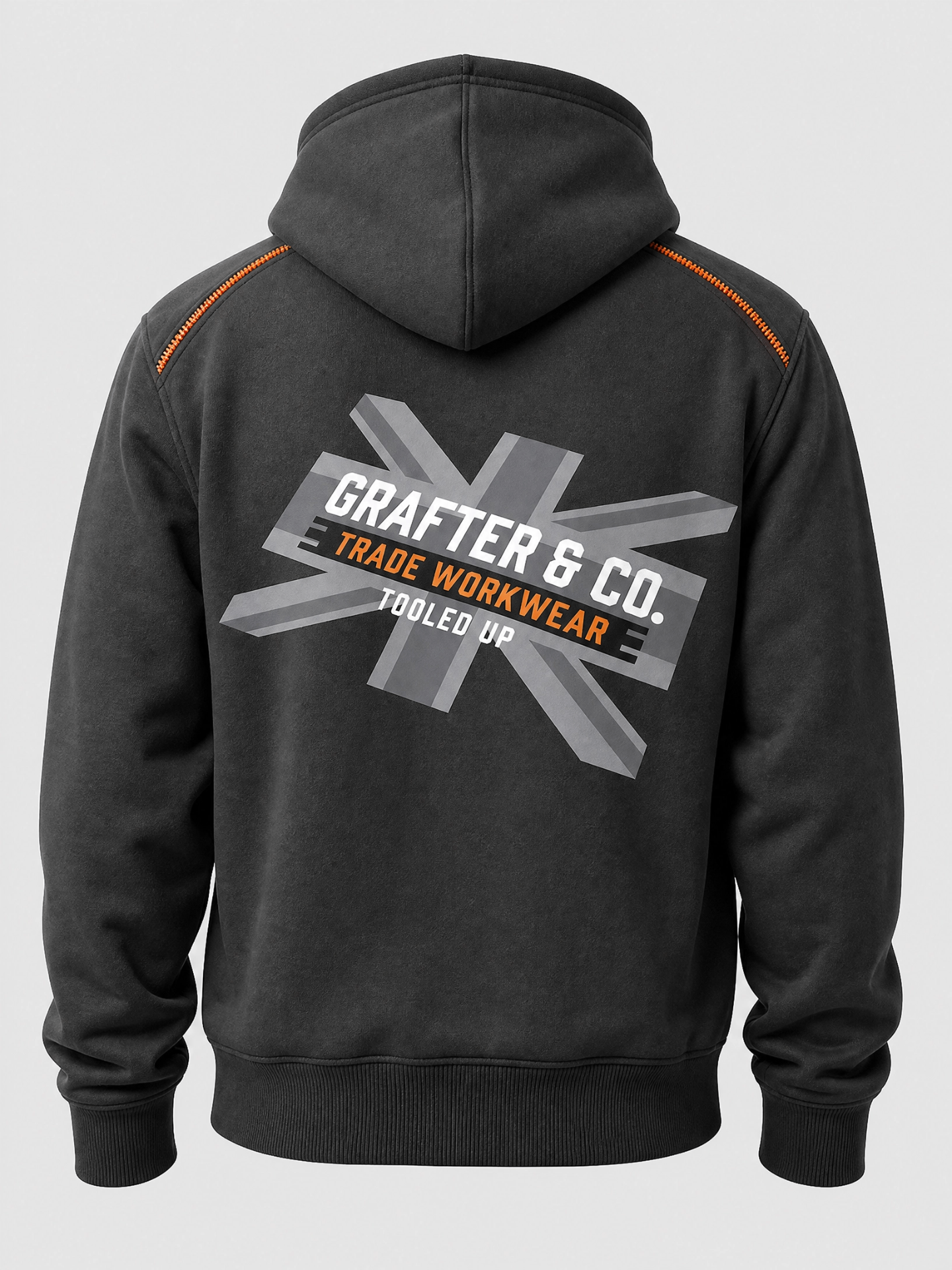 Black Grafter & Co. zip hoodie with orange zip and large union jack back print on a plain background